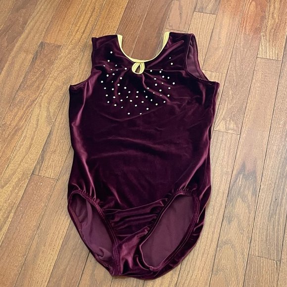 GK Elite Sportswear Burgundy Gold Trim Gem Velour Leotard Adult Medium - Picture 1 of 11